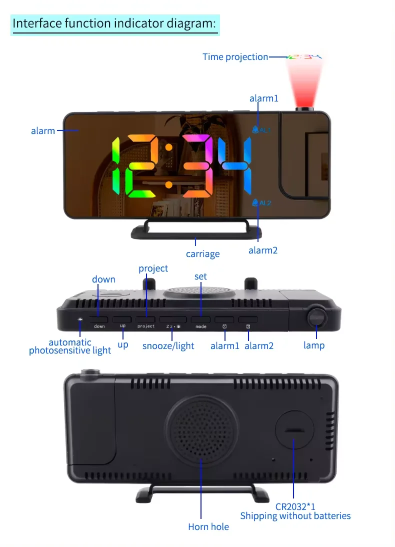 ساعة إسقاط ثلاثية الأبعاد ساعات رقمية ليد منبه ، طاولة عرض قابلة للحقن مع جدار راديو لسقف غرفة النوم