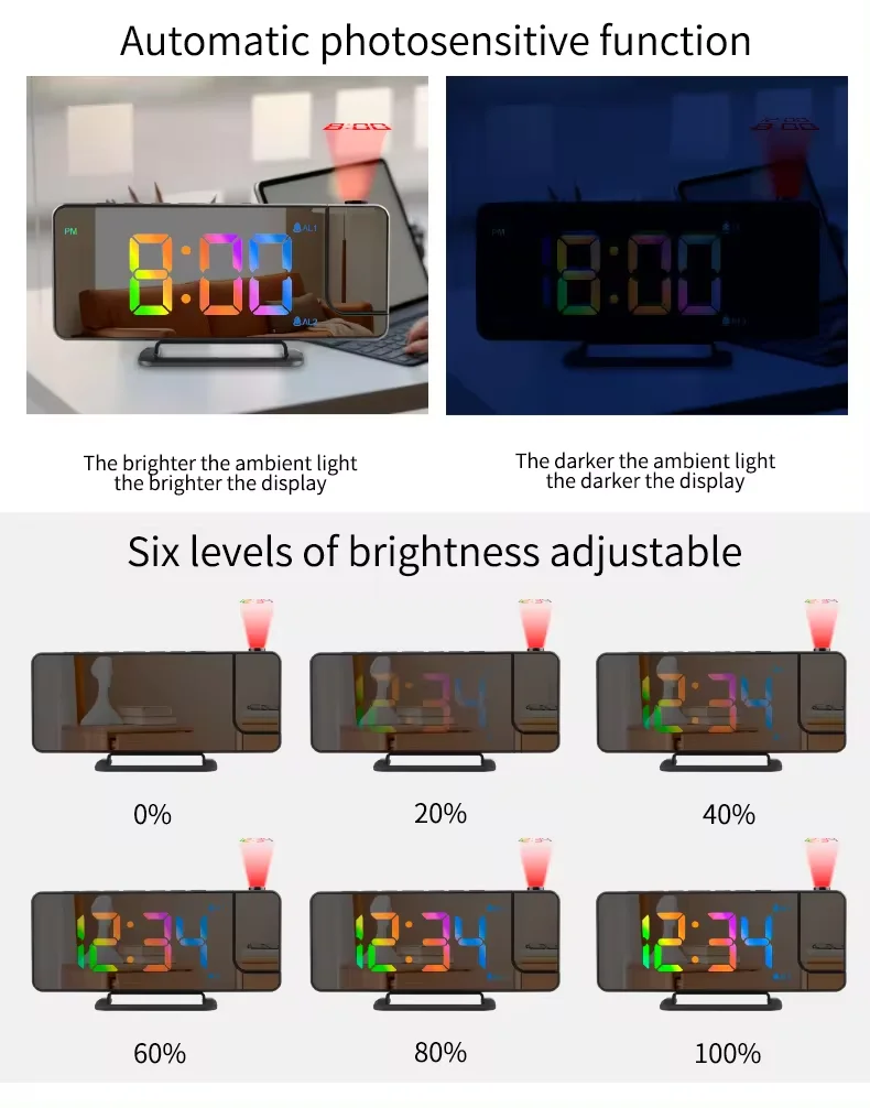 ساعة إسقاط ثلاثية الأبعاد ساعات رقمية ليد منبه ، طاولة عرض قابلة للحقن مع جدار راديو لسقف غرفة النوم