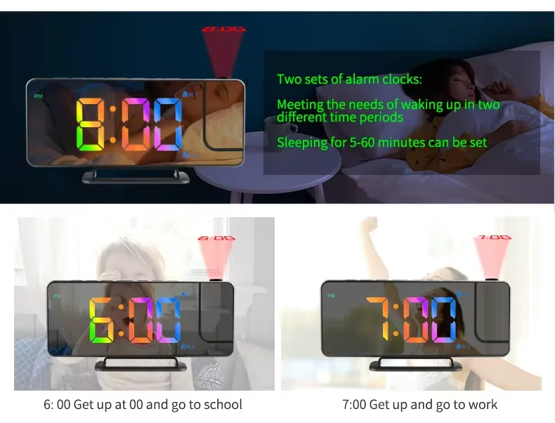 ساعة إسقاط ثلاثية الأبعاد ساعات رقمية ليد منبه ، طاولة عرض قابلة للحقن مع جدار راديو لسقف غرفة النوم