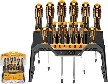 Juego de destornilladores de precisión INGCO de 14 piezas, juego de destornilladores de cromo vanadio para reparaciones del hogar, hecho de cromo y material de hoja redonda cromada, multicolo