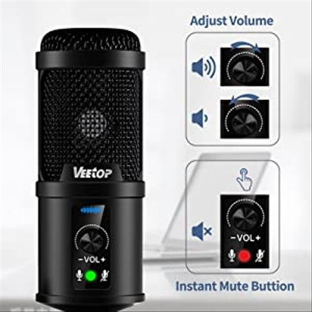 Veetop USB Microphone Metal Computer Condenser PC Mic for Gaming Podcasting Streaming Recording Voiceover YouTube Skype Twitch Zoom Cardioid with Tripod Compatible with Desktop Laptop Windows