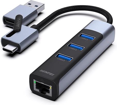 BENFEI Adaptador USB-C/USB 3.0 a Ethernet 2 en 1 con 3 puertos USB 3.0 compatibles con iPhone 15 Series, MacBook Pro/Air 2023/2022/2021/2020/2019 y más
