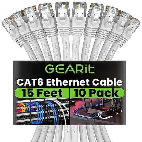 GEARit Cable Ethernet Cat 6 (paquete de 10 unidades de 15 pies), parche de red Cat6, 10 Gbps, RJ45, cable sin enganches, conectores chapados en oro, Internet para PC, TV, tableta, enrutador, 