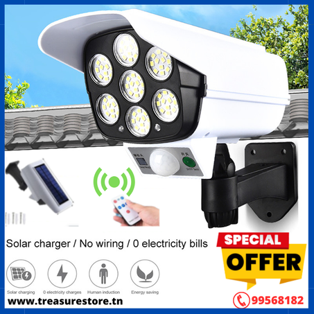 PROJECTEUR SOLAIRE SANS FIL EN FORME DE CAMÉRA DE SURVEILLANCE ETANCHE + TÉLÉCOMMANDE