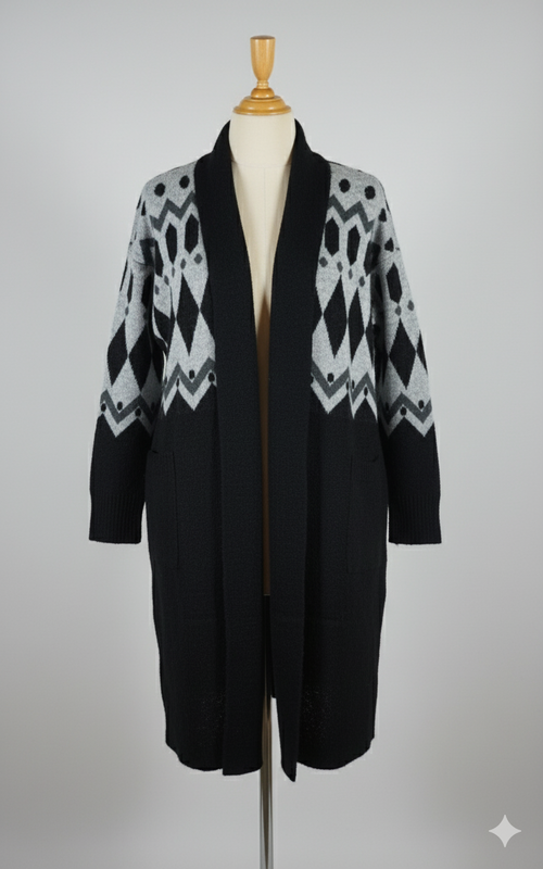 كاب صوفي نسائي طويل شتوي أنيق باللون الأسود والرمادي