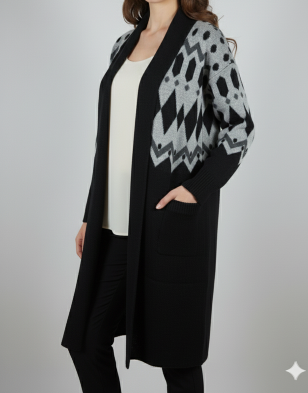 كاب صوفي نسائي طويل شتوي أنيق باللون الأسود والرمادي