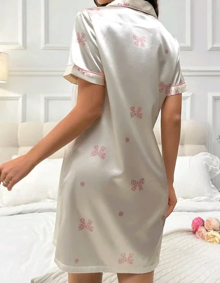 Simulated Silk Bowknot Printed Short Sleeve Nightgown