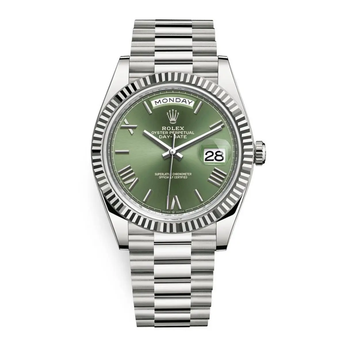 Rolex White Gold Day-Date 40 Watch - Fluted Bezel - Olive Green Bevelled Roman Dial