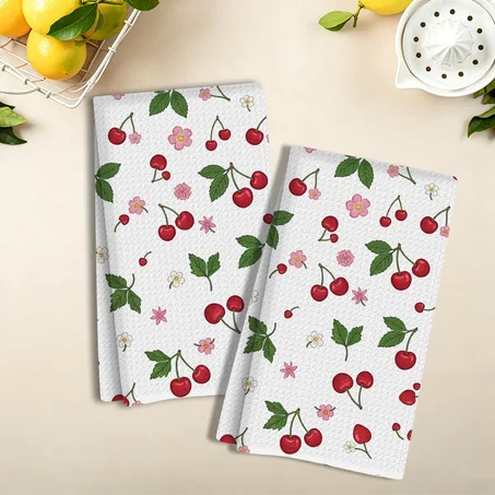 Cute Cherry Kitchen Towels Set of 2, Dish Towels for Kitchen Soft Absorbent Tea Hand Towel for Home Dining Room Camping RV Dorm Cooking, Baking, Decorative Aesthetic Cherry Design, 13.8 x 23.