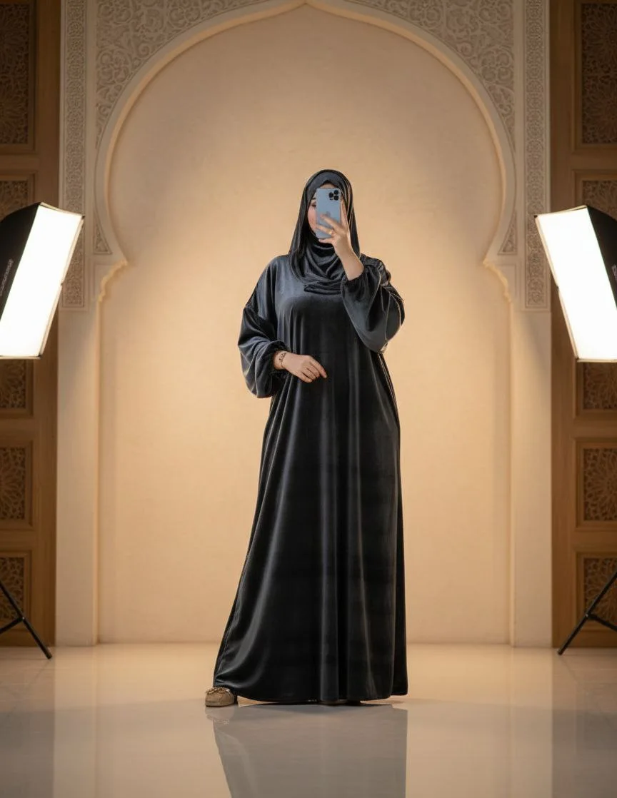 جلابة موبرة واسعة مع فولار هدية – أناقة وراحة في كل خرجة