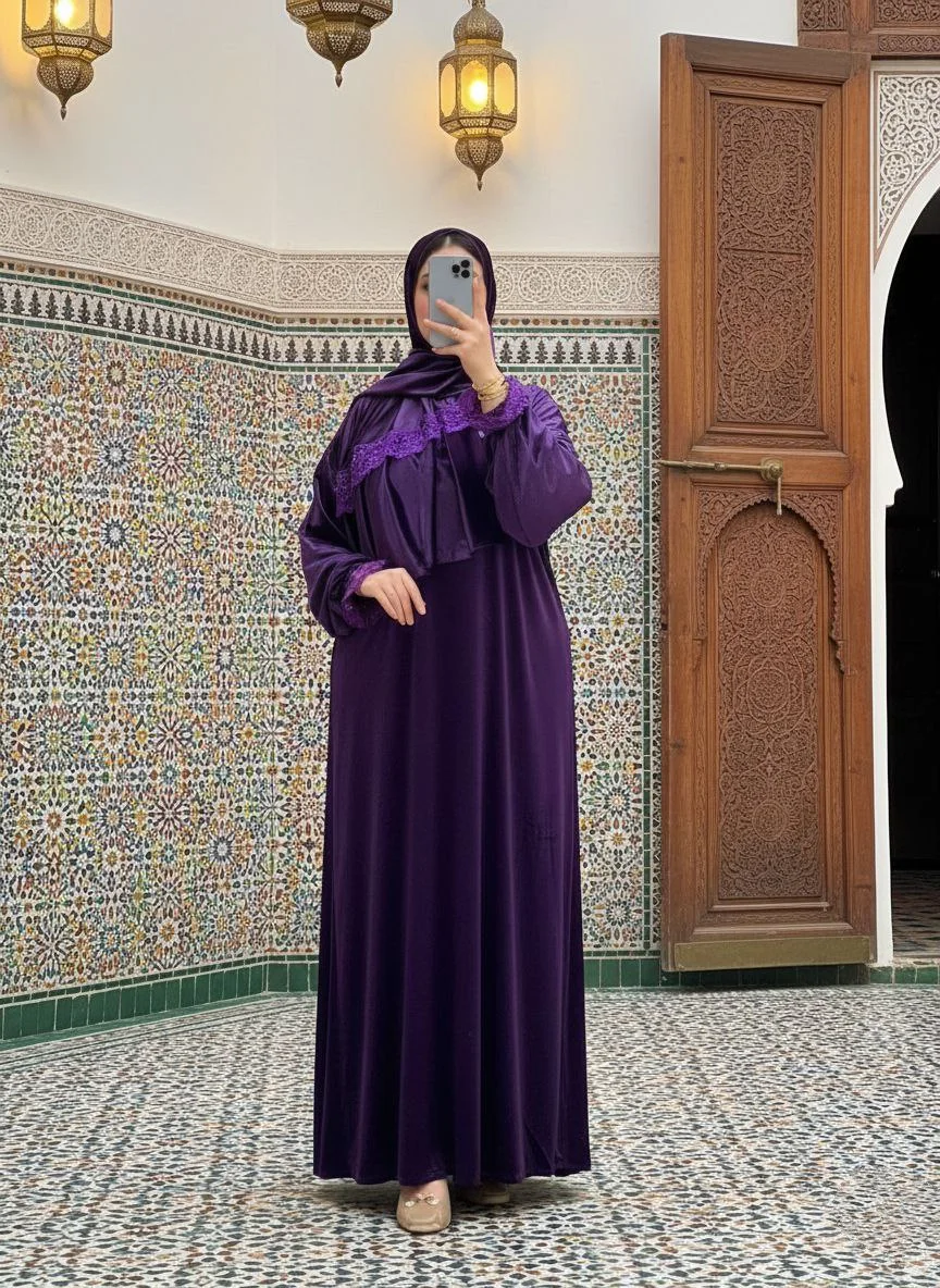 عباية موبرة أنيقة للصلاة والخروج مع شال متناغم