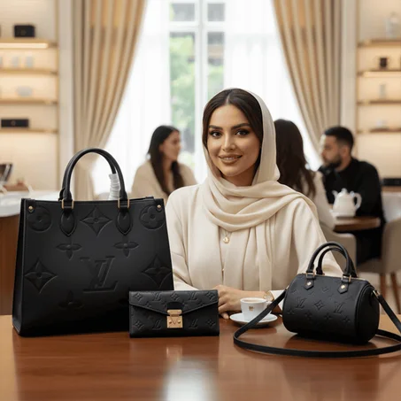 سيت حقائب ثلاثي ماركة ( L  V ) فرنسي - منكون من حقيبة كبيرة ماستر + حقيبة يد صغيرة + محفضة نقود وكارتات مهمة