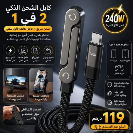 كابل الشحن 2 في 1 مع حامل الهاتف المدمج