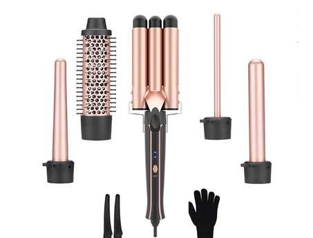 مكواة تجعيد الشعر 5 في 1 من بيبيسك الاحترافية بالتسخين الفوري مع اسطوانات سيراميك قابلة للتبديل قفاز واقي الحرارة ومشبكين