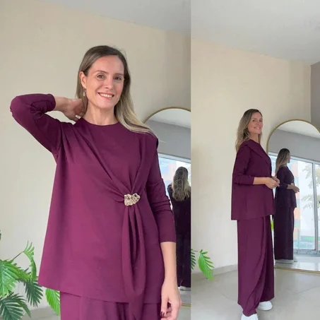 Ensemble 3 pièces – Tunique Drapée & Pantalon Large