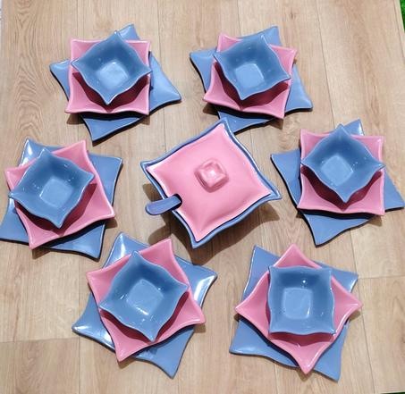 services a table carre rose/gris 34 pieces