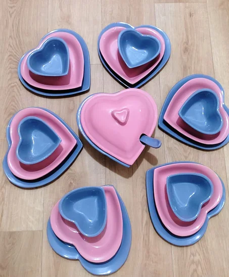 services a table coeur gris/rose 34 pieces