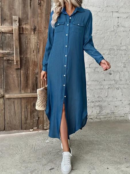 Elegant Women's Long Shirt Dress with Button