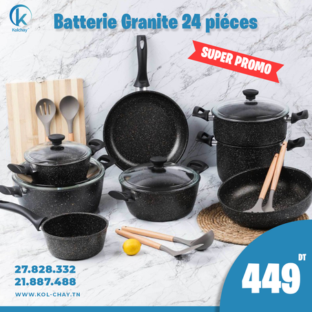 Batterie de Cuisine 24 Pièces Granite Noir - MCS