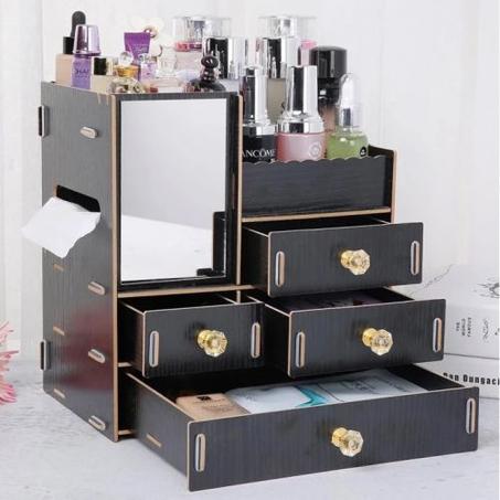 صندوق تخزين بأدراج خشبية لمستحضرات التجميل والمكياج والمجوهرات