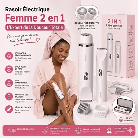Rasoir Électrique Femme 2 en 1 – Doux, Sans Fil & Waterproof