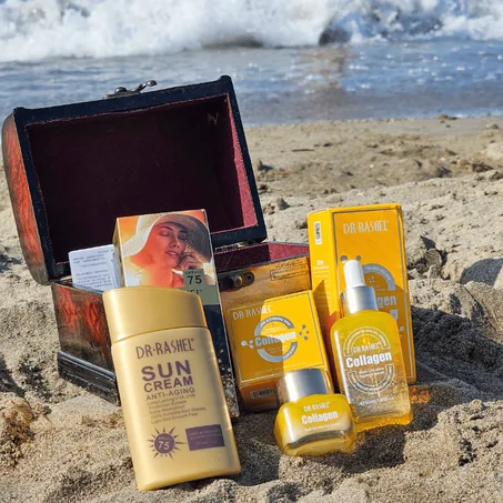 (100 SPF  أو 75 SPF) واقي الشمس بخلاصة الذهب +  سيروم الكولاجين ضد التجاعيد + كريمة العين بخلاصة الكولاجين  د. راشيل