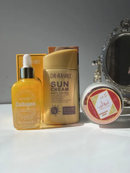 واقي الشمس +++ 75 SPF بخلاصة الذهب + سيروم الكولاجين ضد التجاعيد  د. راشيل + مزيل عرق هدية
