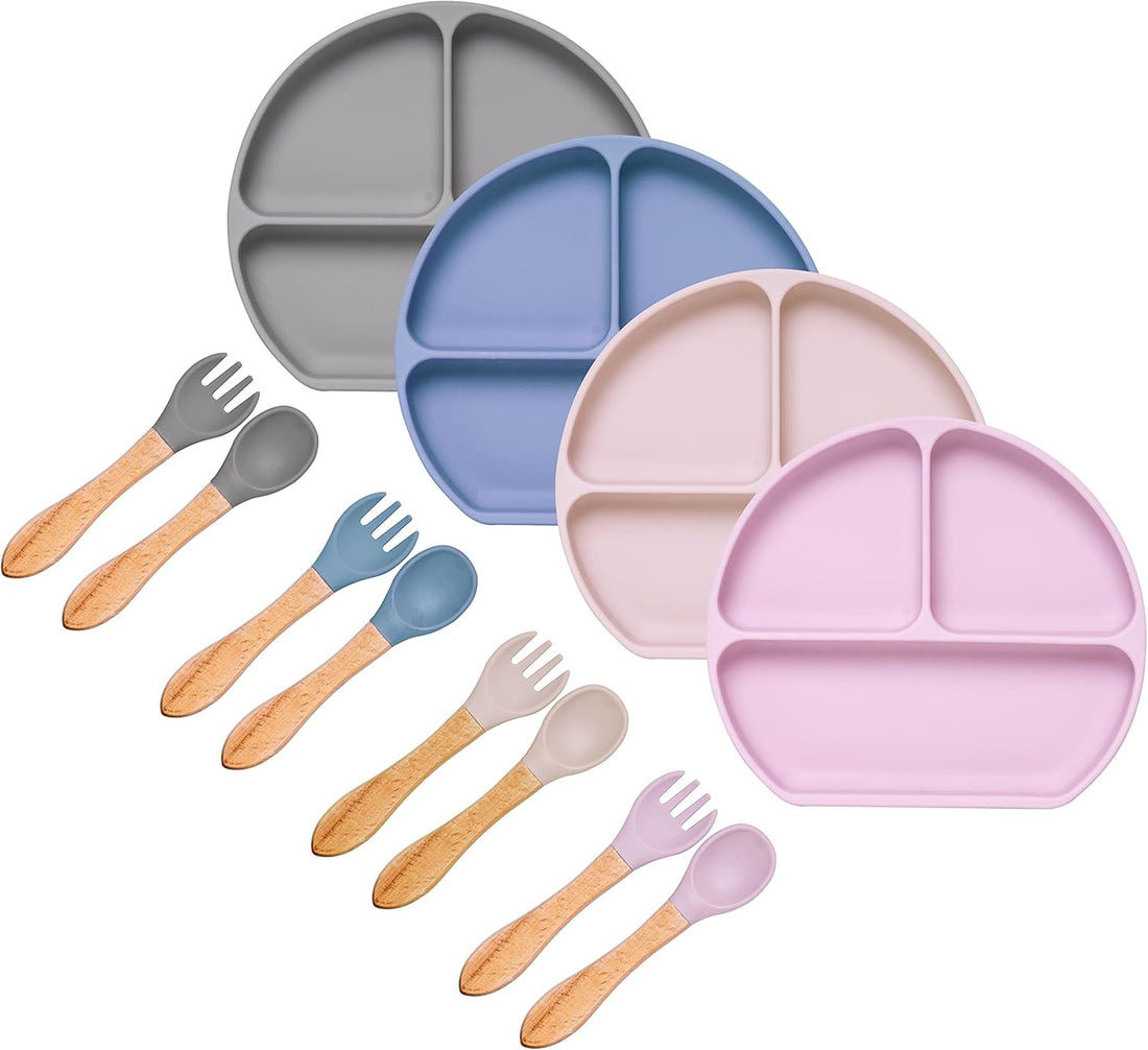 Assiette Bébé à ventouse en silicone de qualité alimentaire + Fourchette et Cuillère