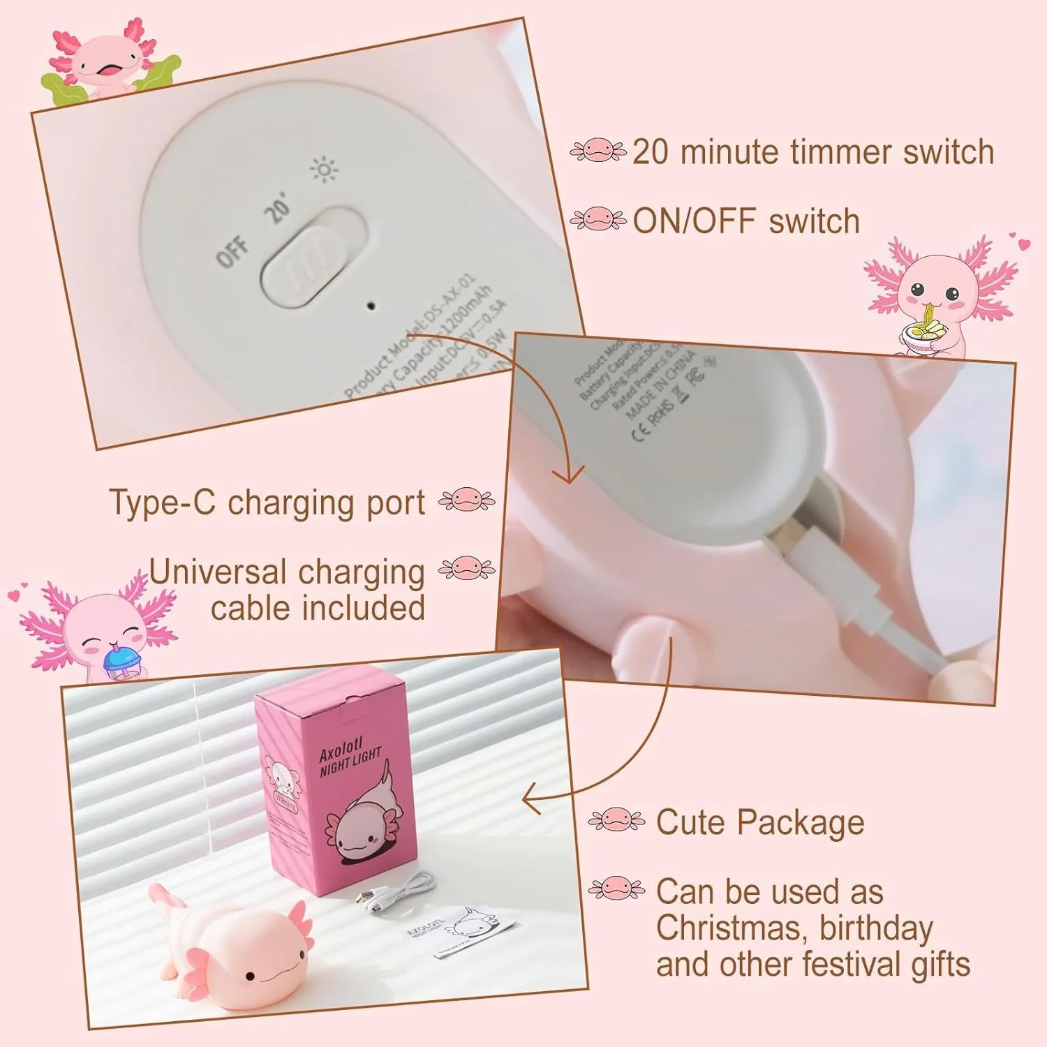 Axolotl 🥺 - 🌟 Lampe de nuit en silicone 🤗 Rechargable 🔋