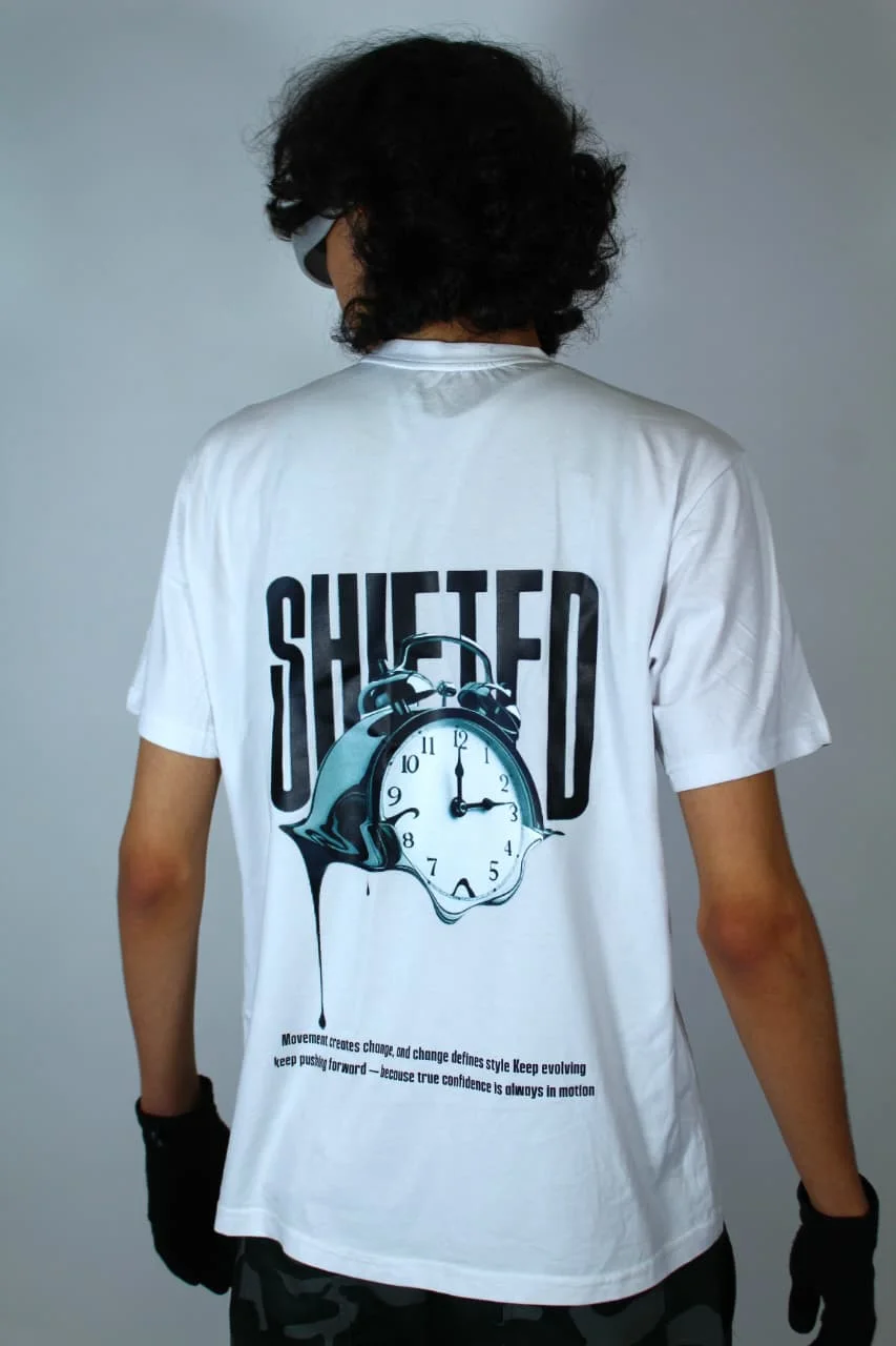 White Shifted  T-shirt  — Time in Motion