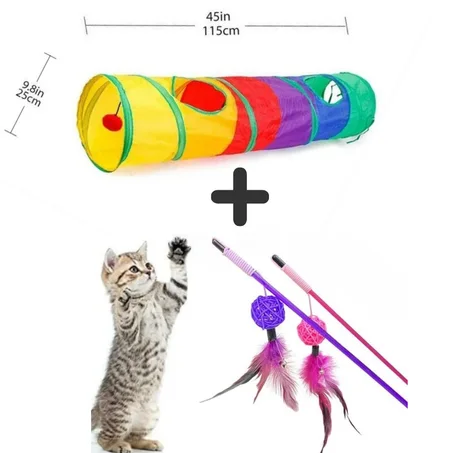 Pack Ludique pour Chat – Tunnel de Jeu Pliable + Jouets Interactifs à Plumes