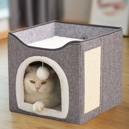 Maison & Griffoir 2-en-1 pour Chat avec Jouet Suspendu – Confort & Divertissement