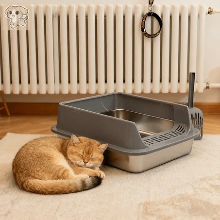 Bac à litière fermé en acier inoxydable avec pelle à litière | 50 x 35 x 20 cm, anti-éclaboussures et anti-odeurs