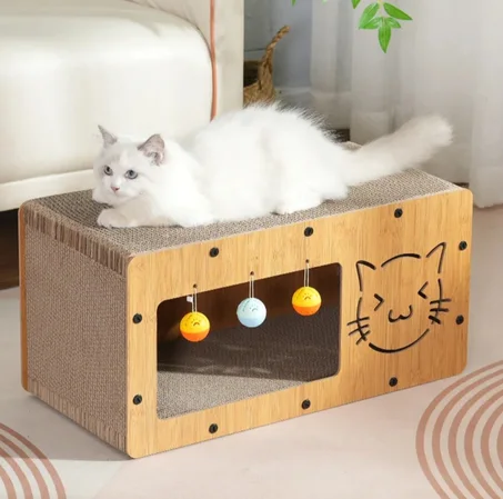 Griffoir Maison pour Chat avec Jouets Suspendus – Aire de Jeu, Repos et Griffage 3 en 1