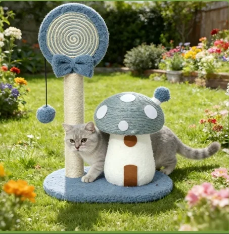 Arbre à Chat Design Champignon avec Griffoir en Sisal et Jouet Suspendu