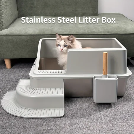 Bac à litière pour chat en acier inoxydable – grand format 60 cm avec entrée en coin et pelle incluse