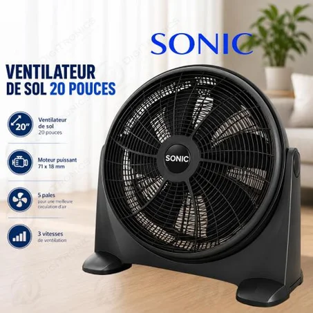 Sonic Ventilateur de Sol 20 Pouces 3 Vitesses, 5 Pales et Moteur Haute Performance, VTF-2001SC