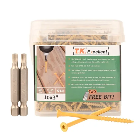 T.K.Excellent - Tornillos de cubierta de 3 pulgadas #10 x 3, 315 piezas, tornillos estructurales resistentes al óxido para exteriores de color marrón claro, tornillos de accionamiento Torx, d