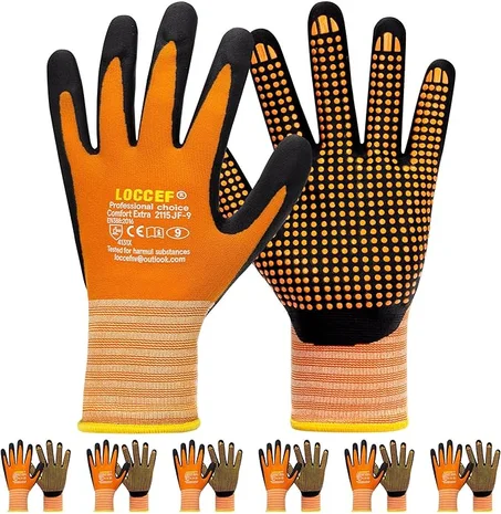 LOCCEF Guantes de trabajo con revestimiento de nitrilo de microespuma, 6 pares, nailon de punto sin costuras, puntos en la palma, guantes de agarre de puntos pegajosos, naranja