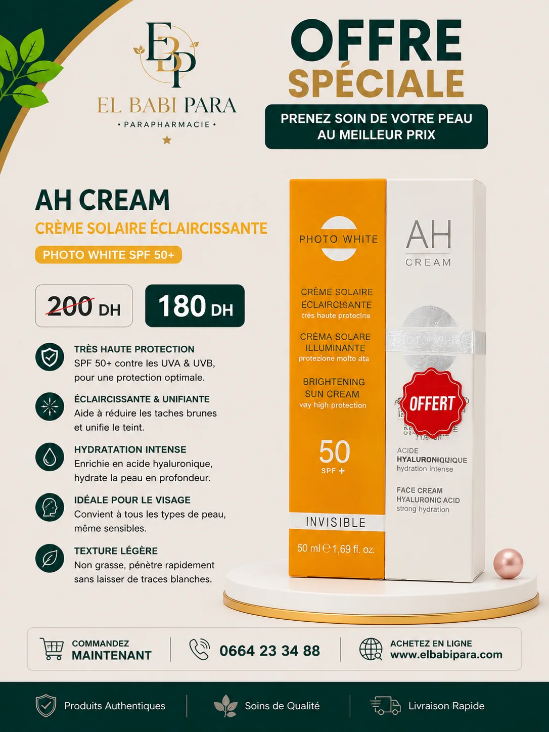 AH CREAM CRÈME SOLAIRE ÉCLAIRCISSANTE PHOTO WHITE SPF 50+