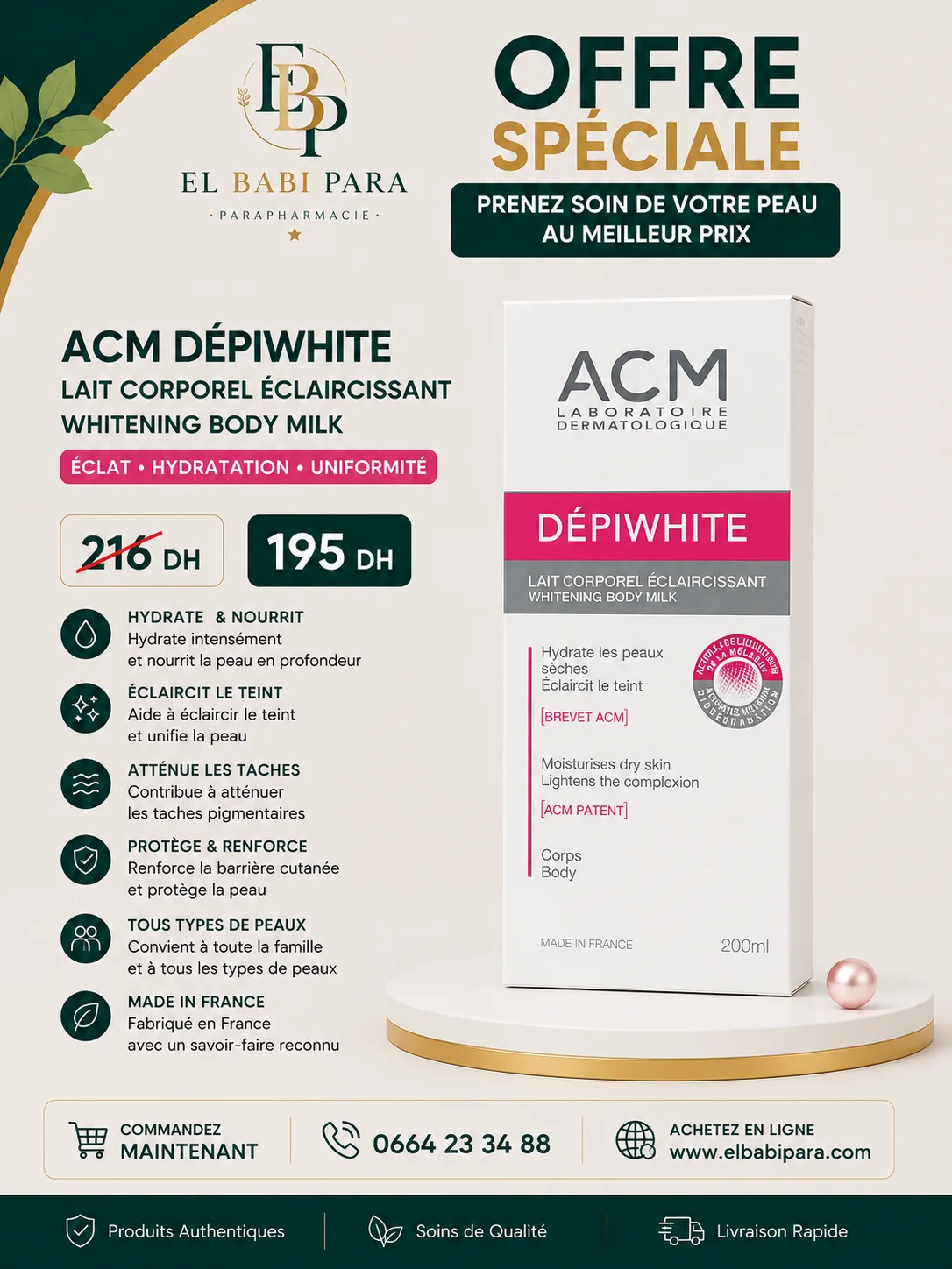 ACM DÉPIWHITE LAIT CORPOREL ÉCLAIRCISSANT WHITENING BODY MILK ÉCLAT • HYDRATATION • UNIFORMITÉ