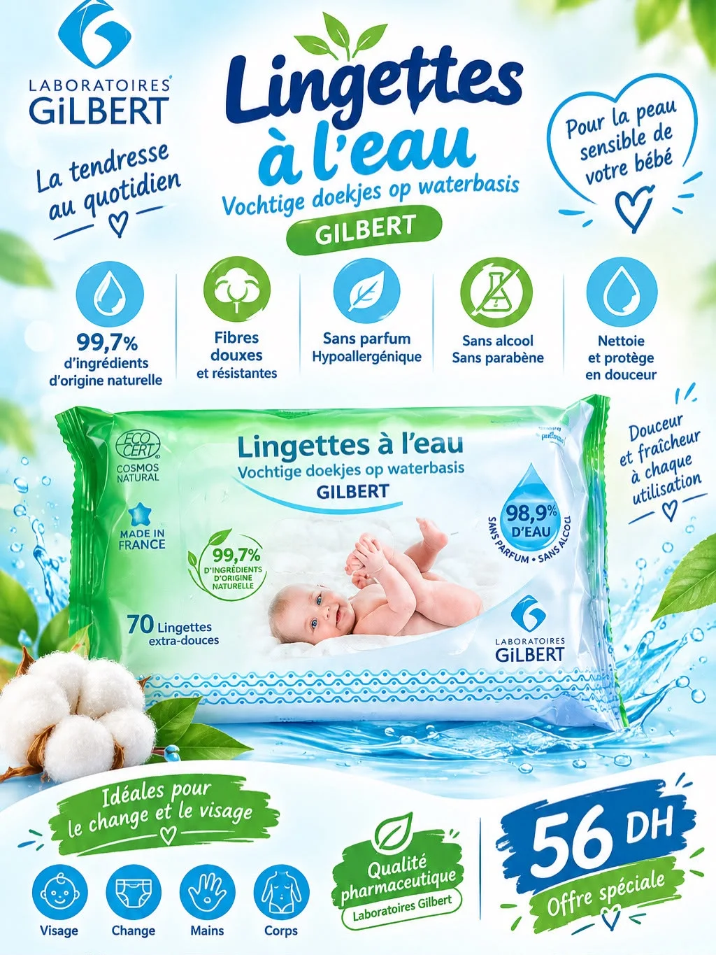 Lingettes àleau Vochtige doekjes op waterbasis GILBERT