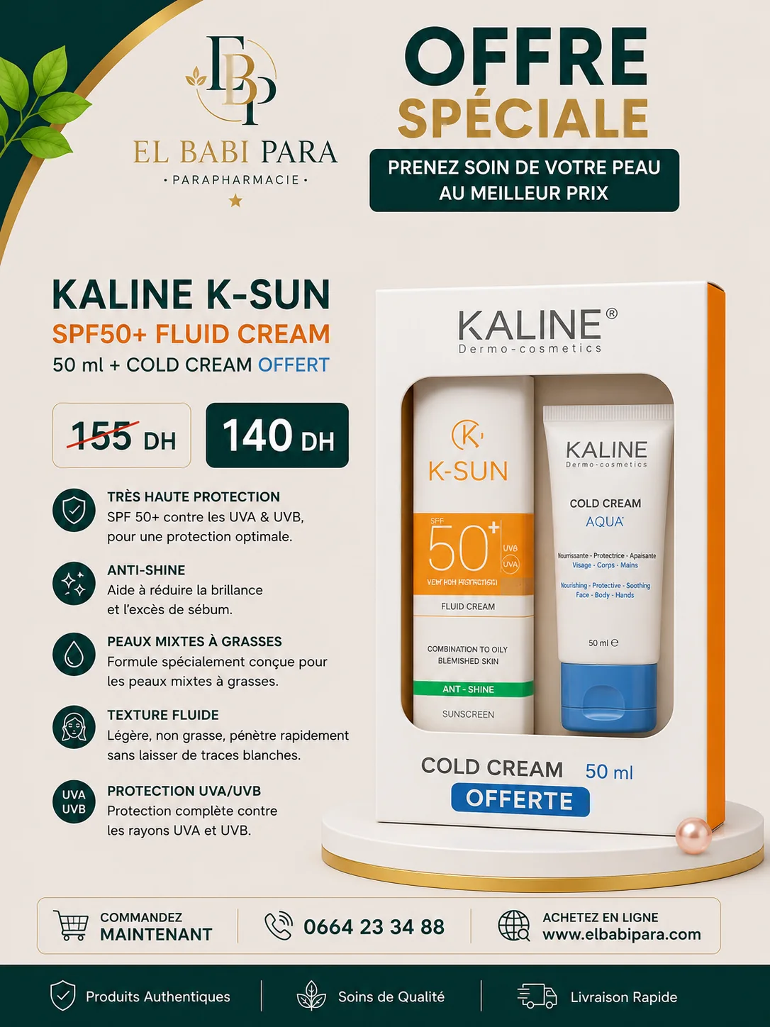 KALINE K-SUN SPF50+ FLUID CREAM 50 ml + COLD CREAM OFFERT