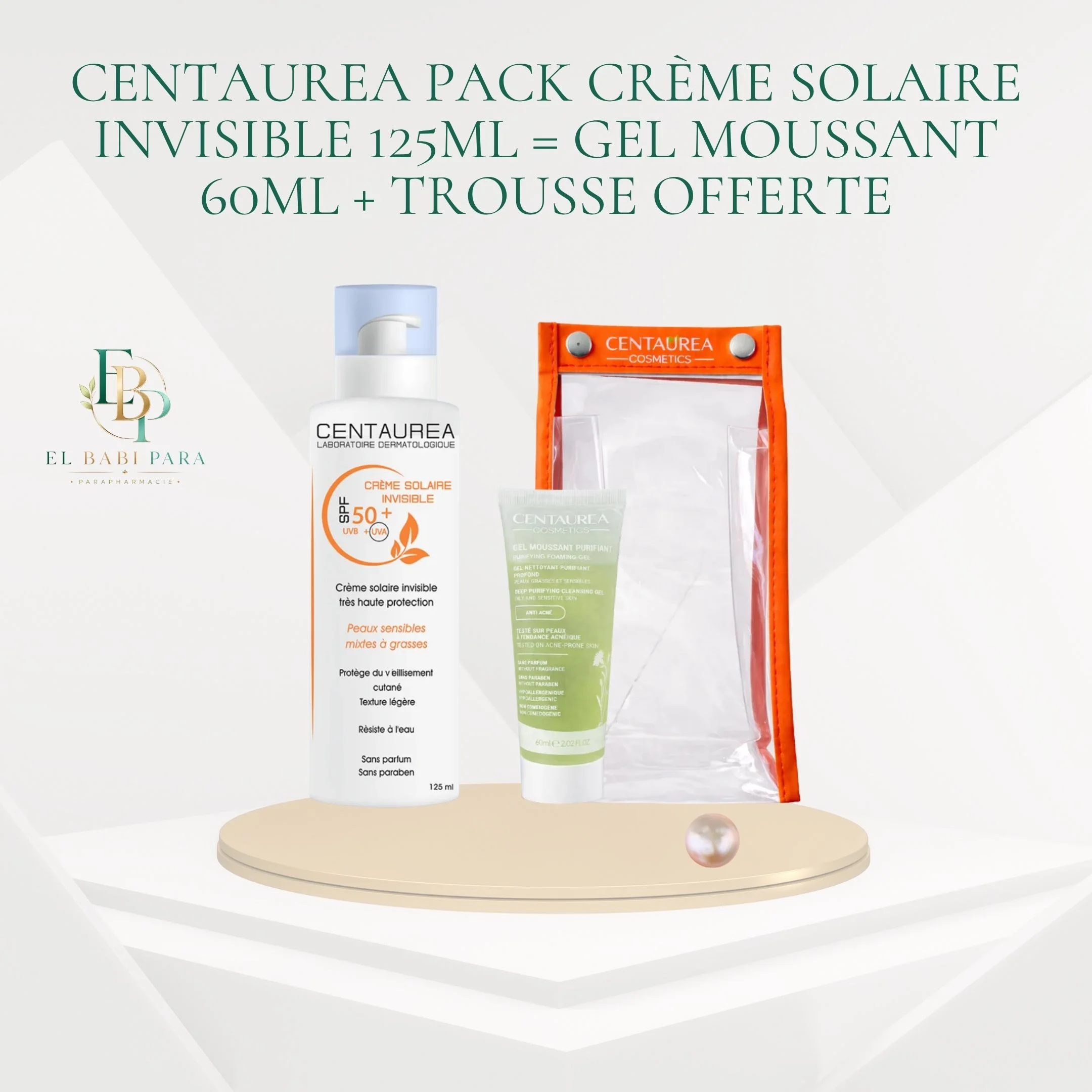 Centaurea Pack Crème Solaire Invisible 125ml = Gel Moussant 60ml + Trousse Offerte