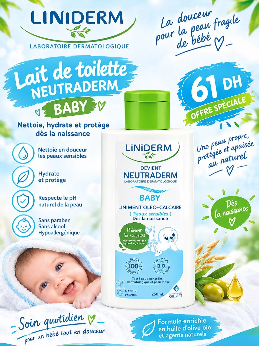 Lait de toilette NEUTRADERM BABY Nettoie, hydrate et protège dès la naissance