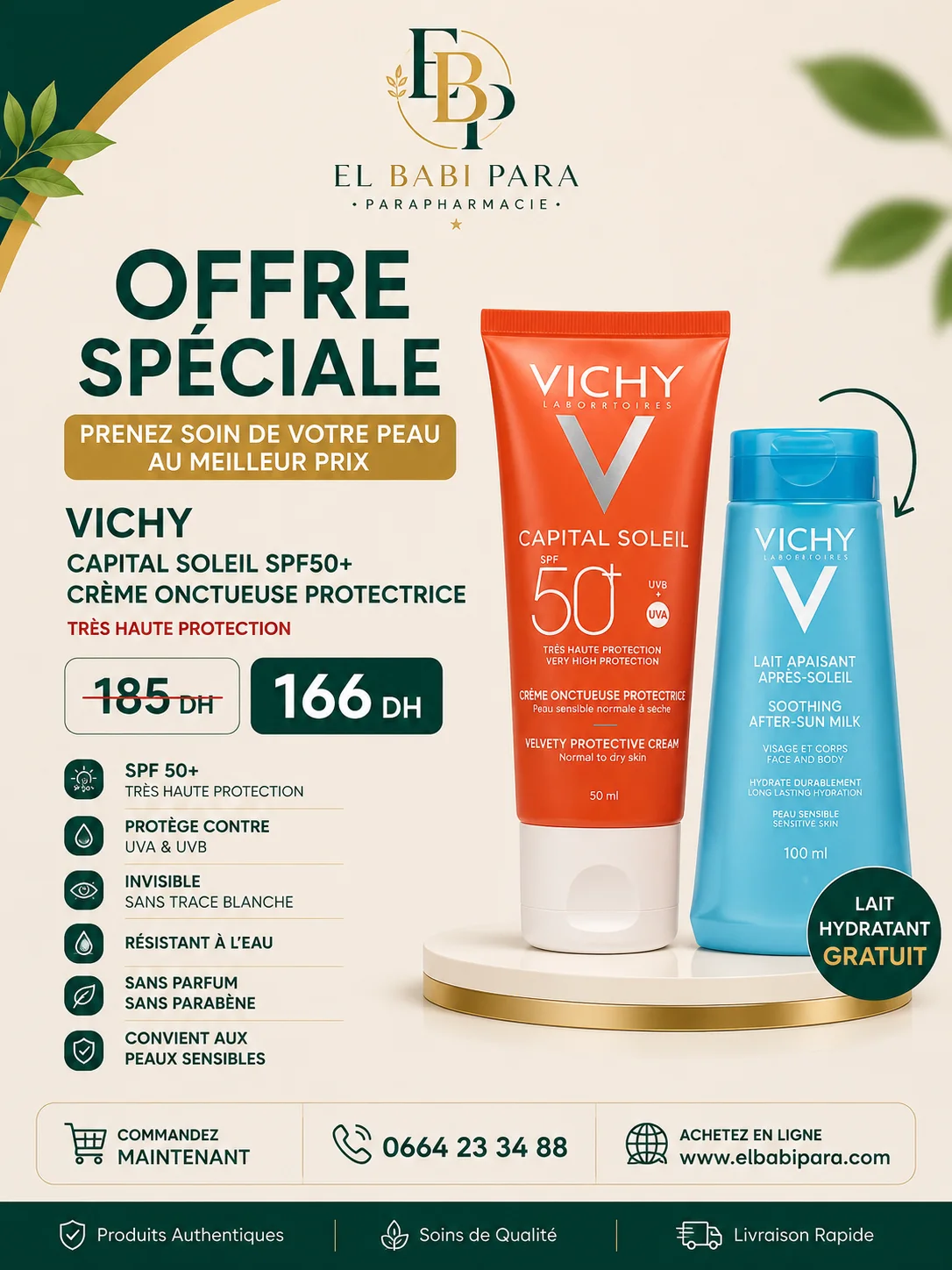 VICHY CAPITAL SOLEIL SPF50+  CREME ONCTUEUSE PROTECTRICE  LAIT HYDRATANT GRATUIT