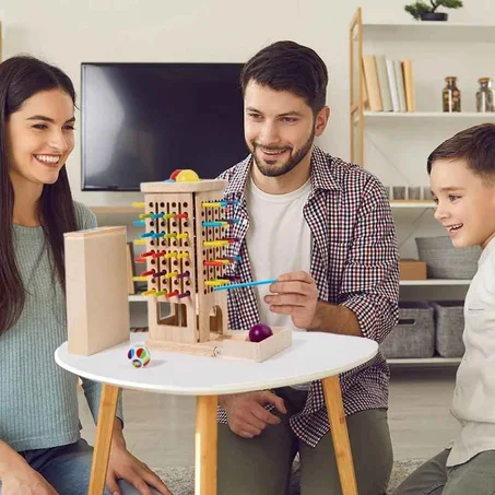 Jeu d'Équilibre et de Réflexion en Bois – Tour à Batonnets et Billes
