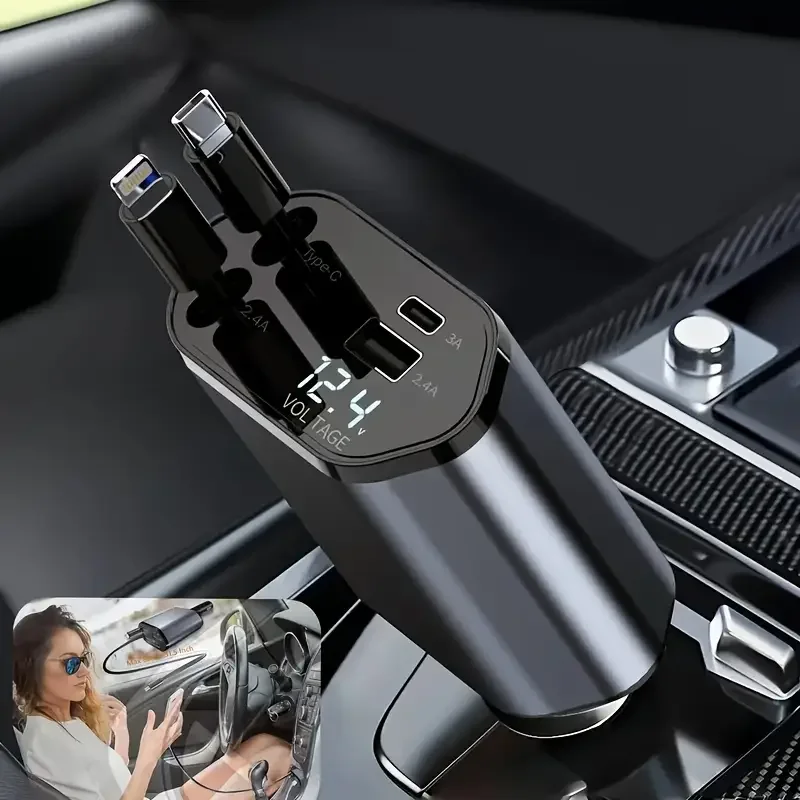 All-in-One Car Charger โ 2 Retractable Cables + USB & Type-C Ports