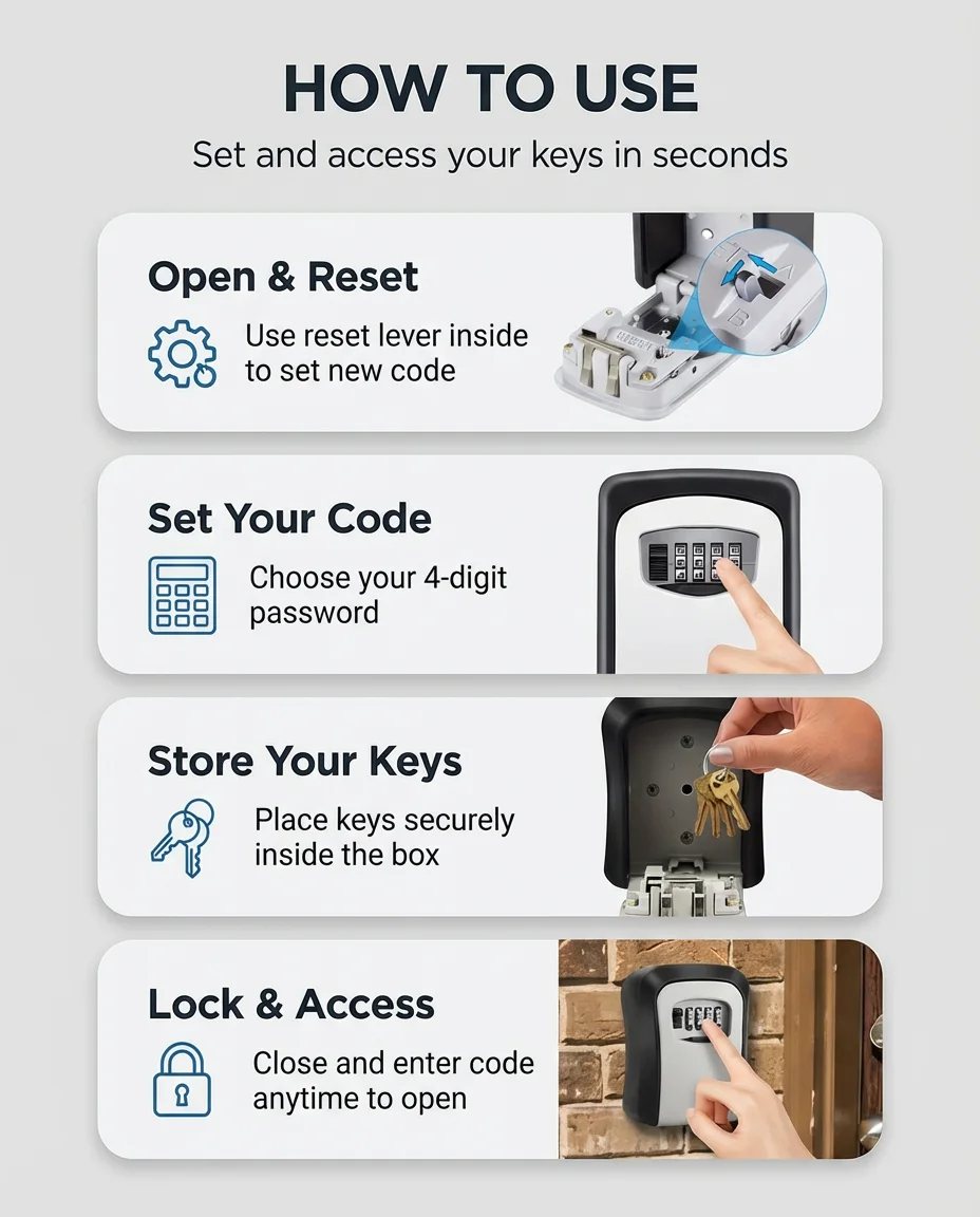 Outdoor key lock box with combination