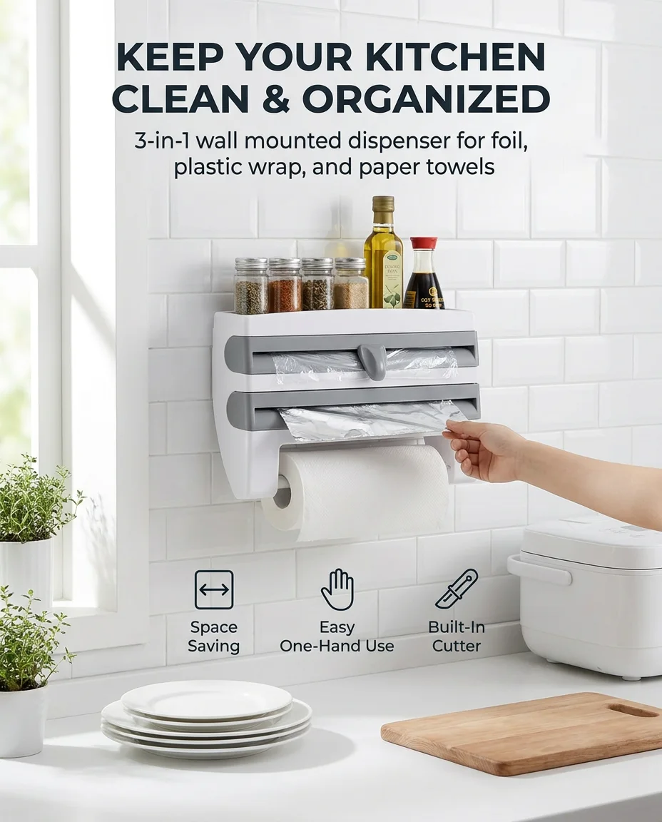 3-in-1 Kitchen Wrap Dispenser with Tissue Holder